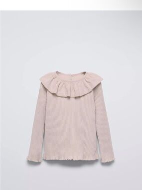 Zara Ribbed Long Sleeve Top with Ruffle Collar - Light Beige